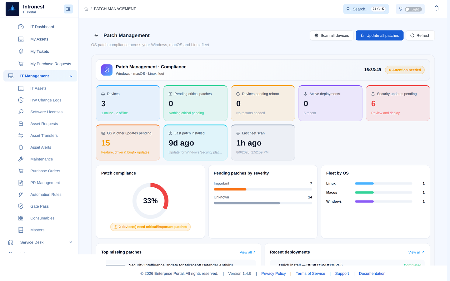 Infronest patch management — OS and third-party update compliance across the fleet
