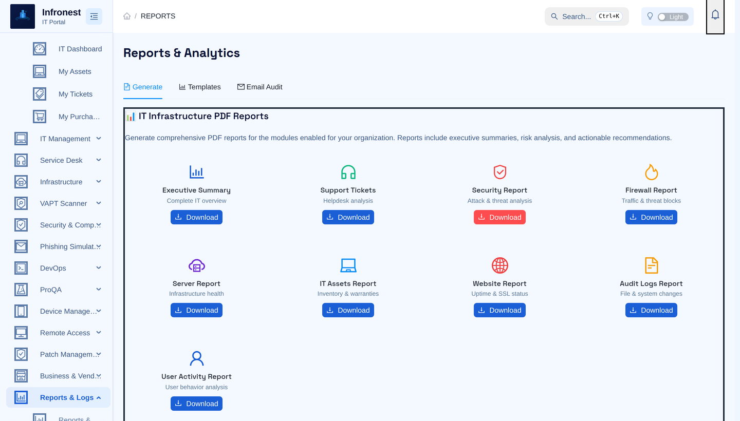 Infronest reports and analytics — one-click PDF reports for security, assets, servers and helpdesk