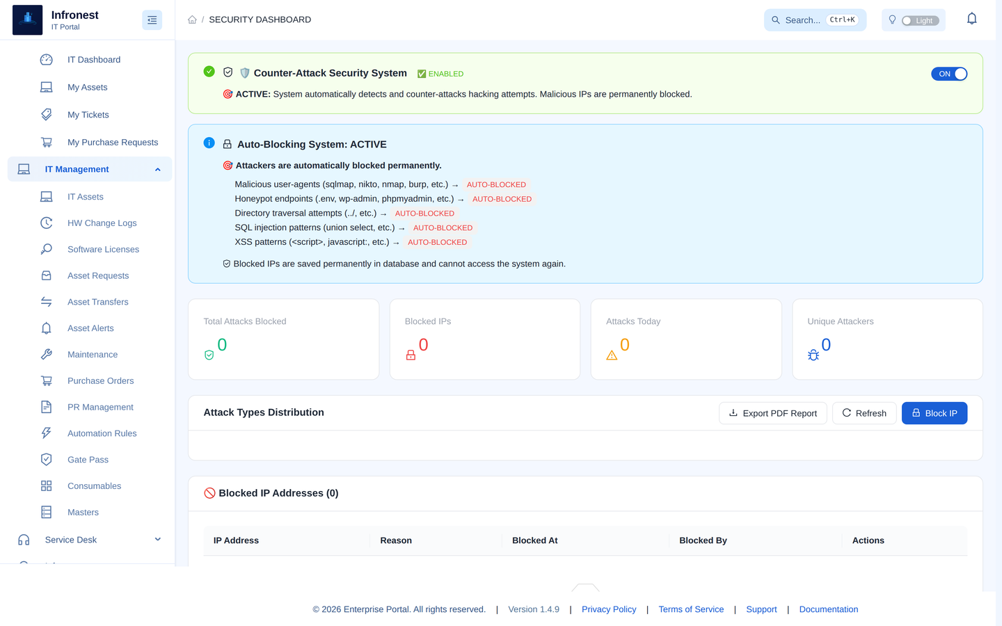 Infronest security — automatic blocking of malicious IPs with attack-type breakdown